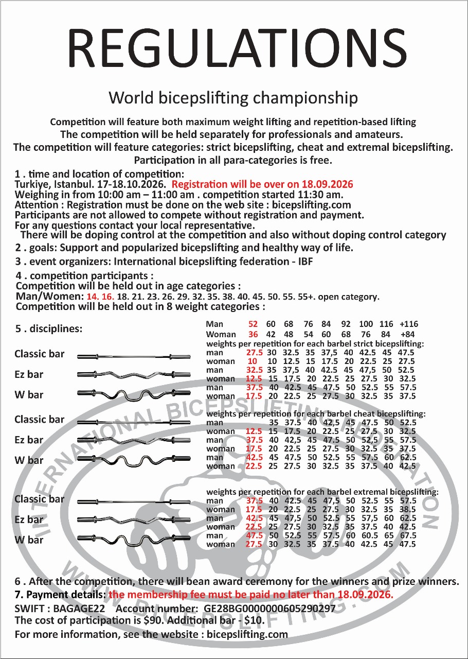 Poster for World Bicepslifting Championship, October 17–18, 2026, Istanbul, Türkiye