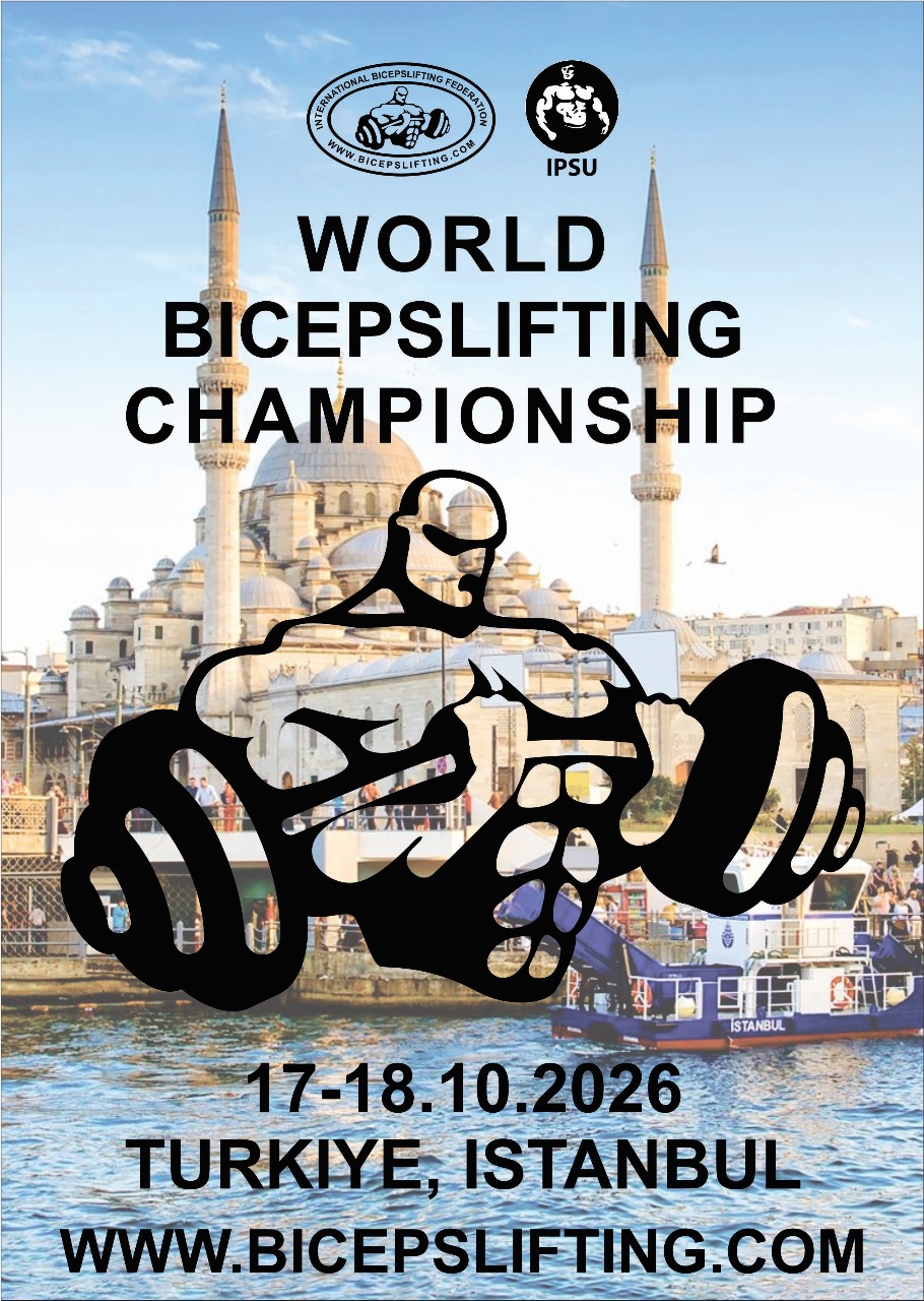 IBF World Bicepslifting Championship 2026 poster with Istanbul mosque and bodybuilder silhouette.